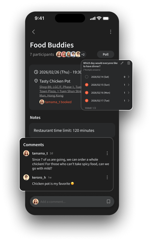 OneBite interface preview: meetup planning